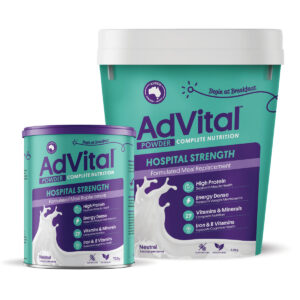 AdVital Hospital Strength Powder in 758g can and 5.2kg Pail - a high-protein meal replacement that provides complete nutrition with 27 essential vitamins and minerals in just one scoop.
